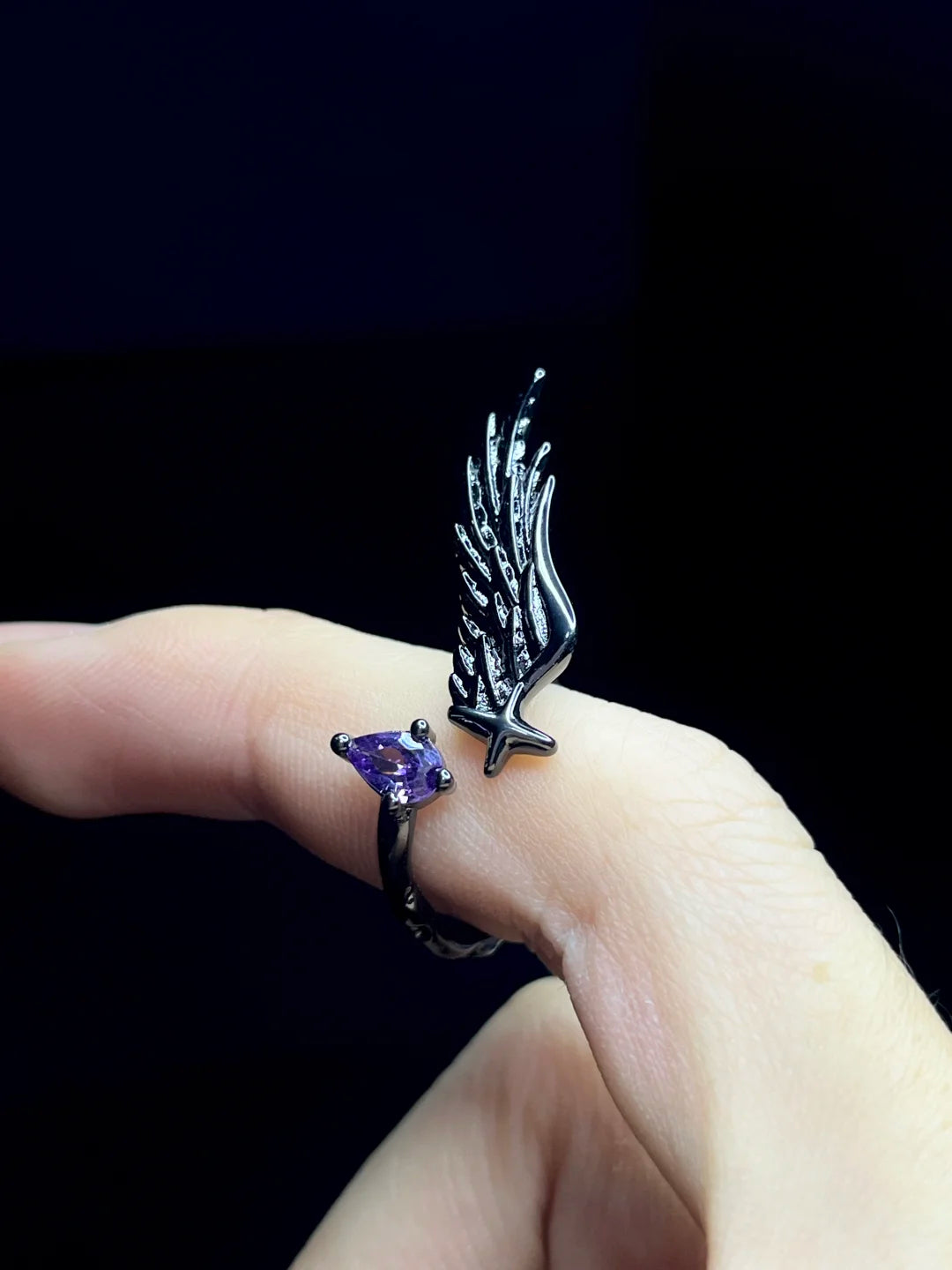Black Raven Feather Gem Ring