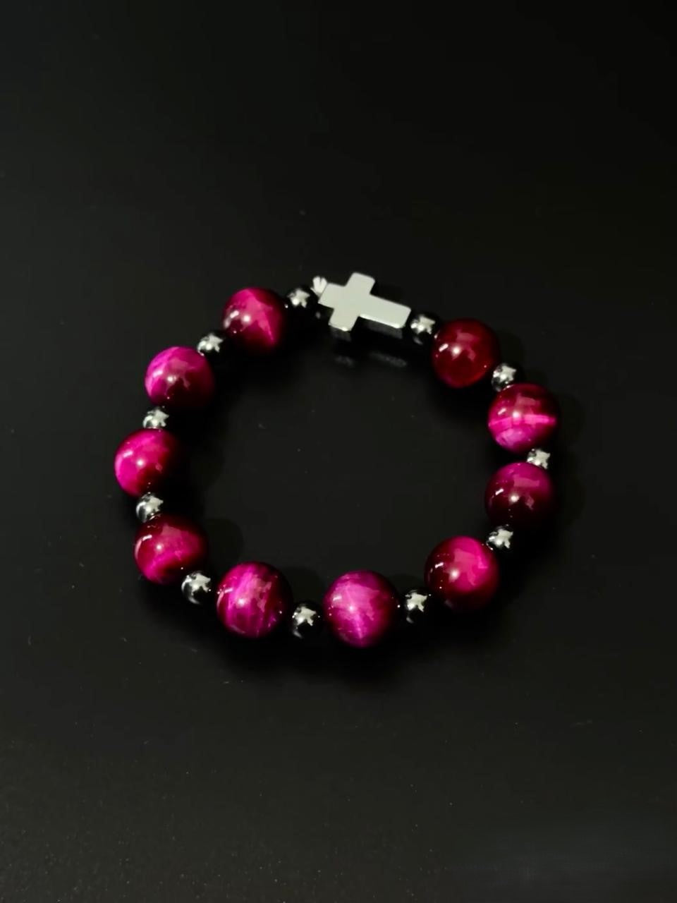 Crimson Bead and Cross Charm Bracelet