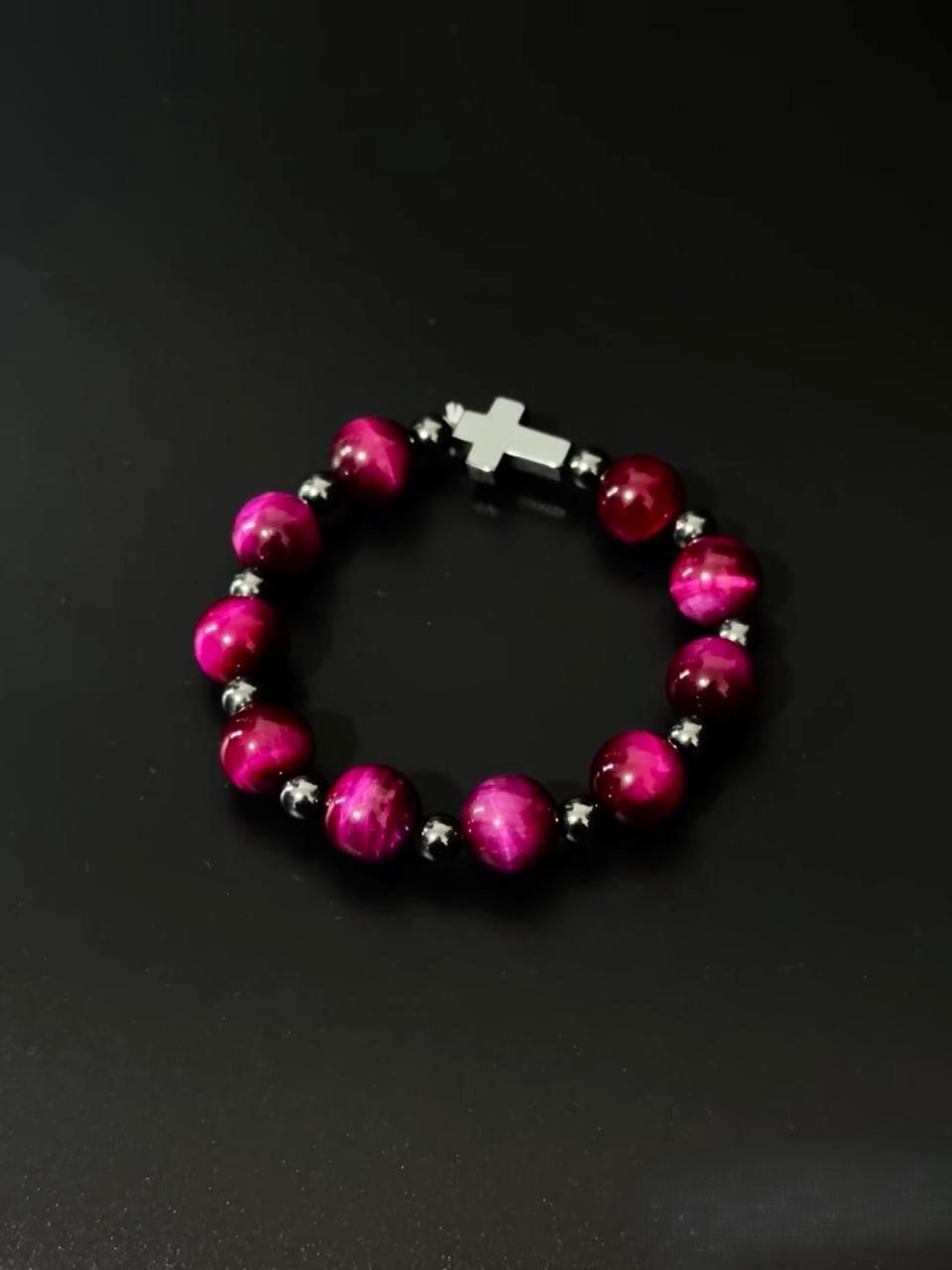 Crimson Bead and Cross Charm Bracelet