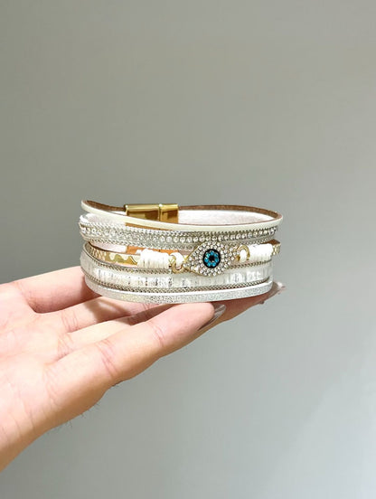 White Layered Evil Eye Cuff Bracelet