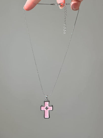 Pink Enamel Cross Necklace