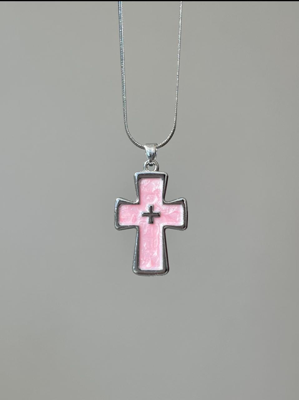 Pink Enamel Cross Necklace