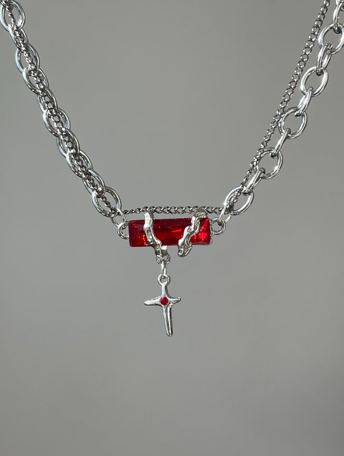 Gothic Crimson Gem Cross Necklace