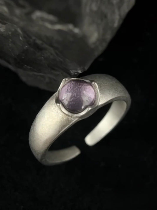 Silver Adjustable Ring With Purple Stone