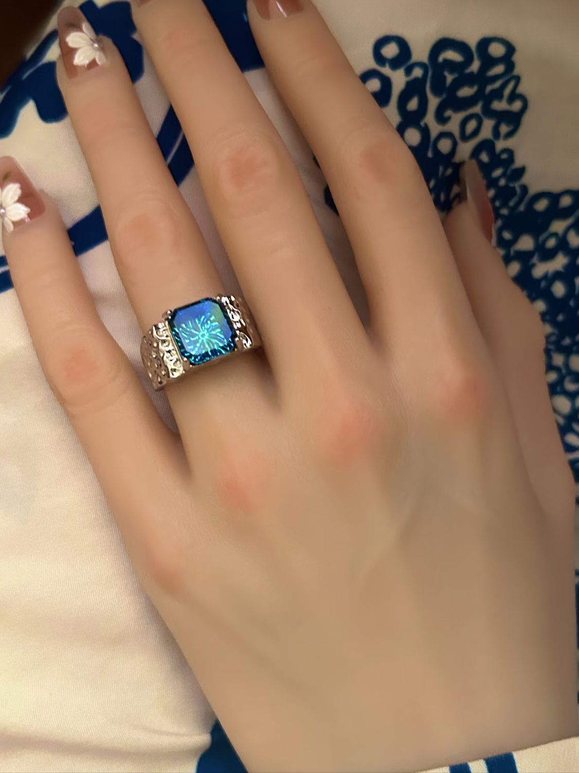 Hammered Azure Crystal Ring