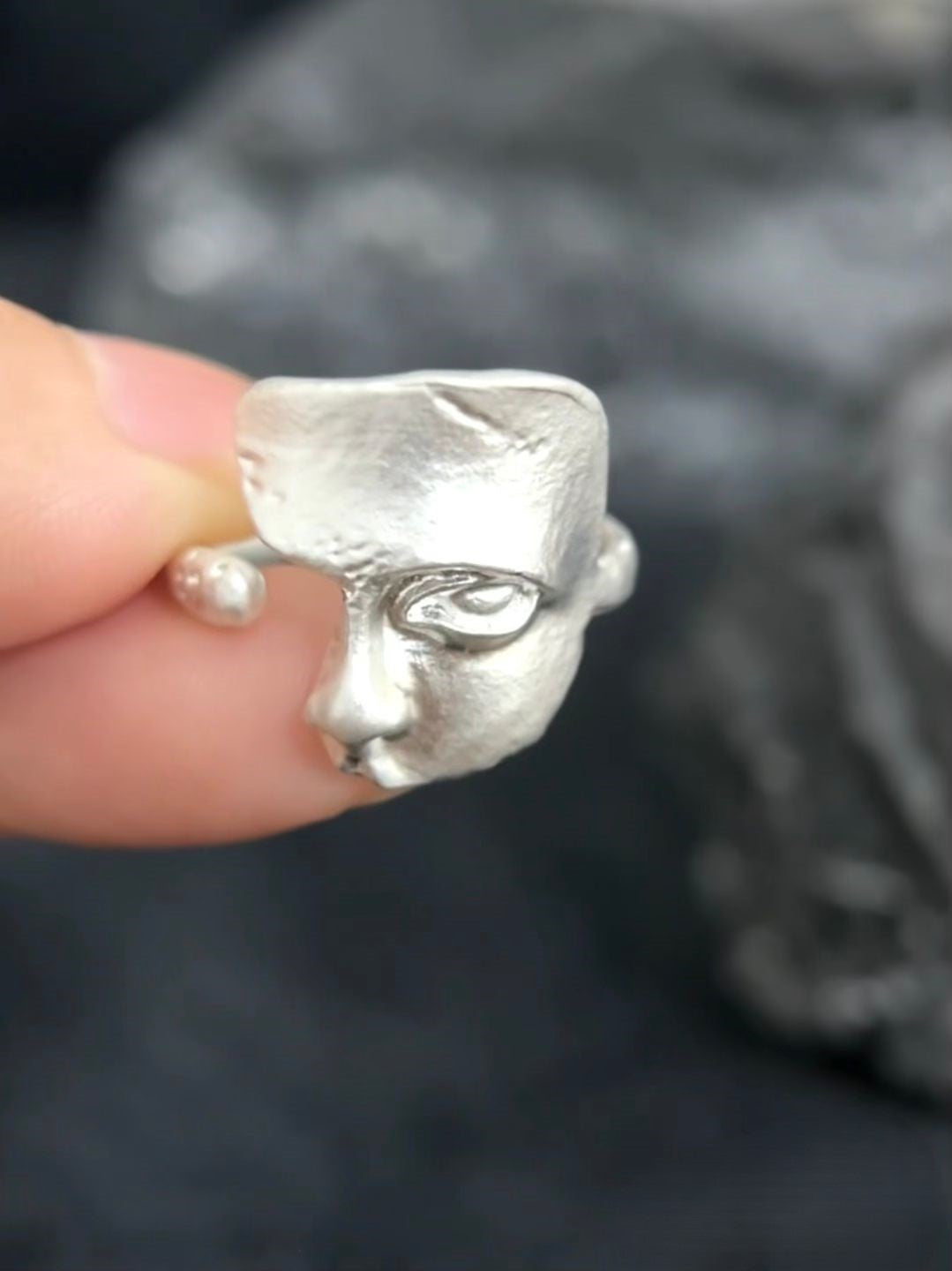 Silver Abstract Face Ring